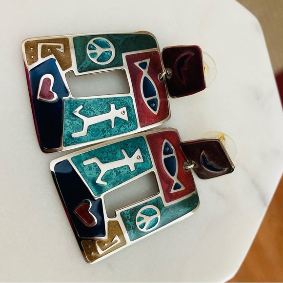 Edgar Berebi Enamel Dangle Stud Earrings Silver Tone Fish Man Peace Sign Heart - Picture 4 of 11